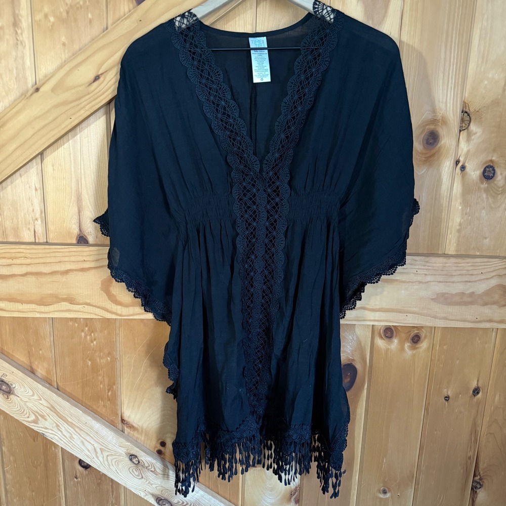 Time and Tru Swim Cover Up Black Crochet Lace Fringe Boho Beach One Size